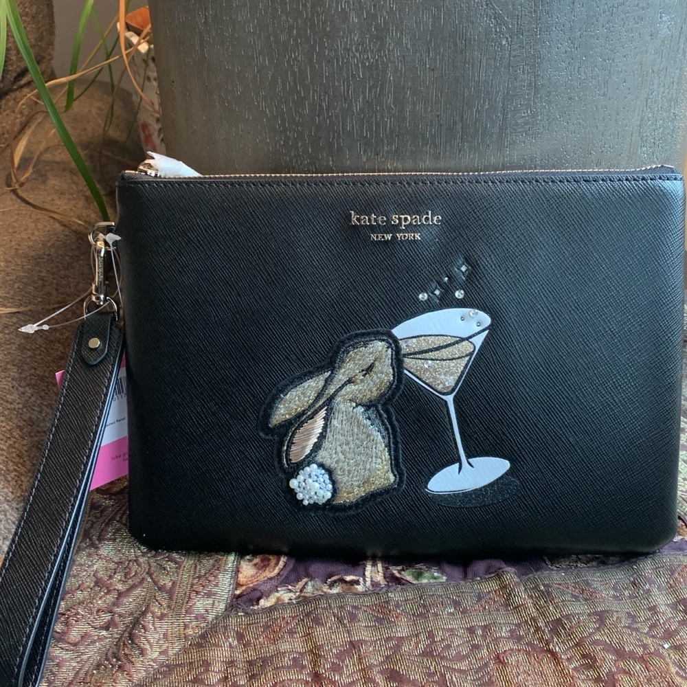 Authentic KATE SPADE leather large zip top wristlet Bunny glitter pearls - Picture 3 of 11